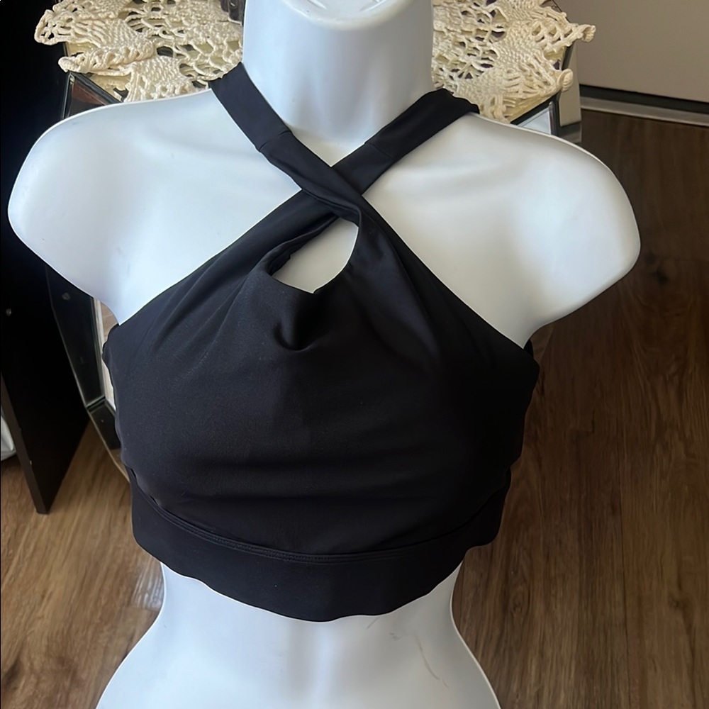 Fabletics high-impact sports bra with no bounce, black, size S.